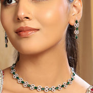 Rhodium Plated American Diamond Studded Necklace and Earrings Set - Opal Touch