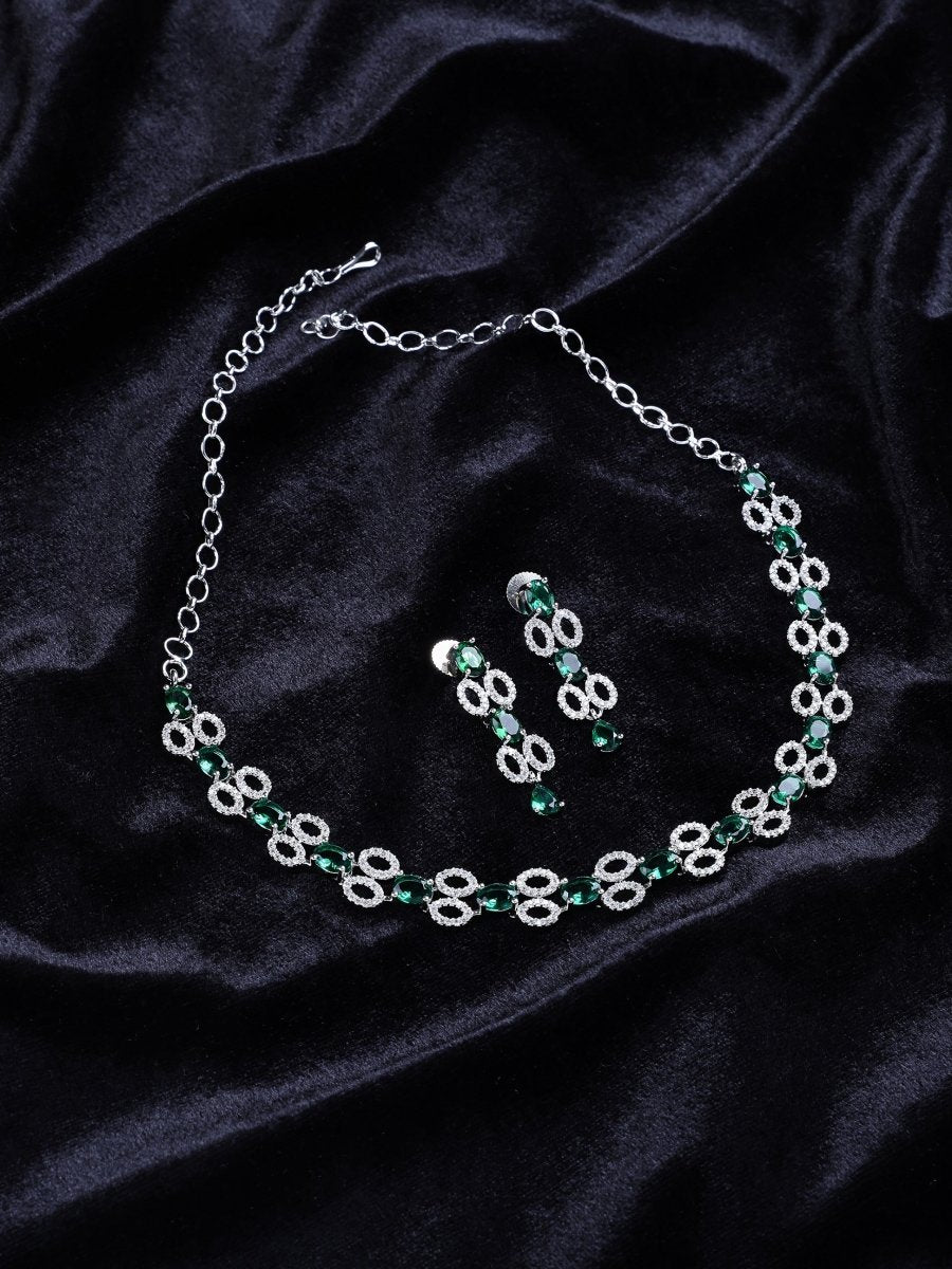 Rhodium Plated American Diamond Studded Necklace and Earrings Set - Opal Touch