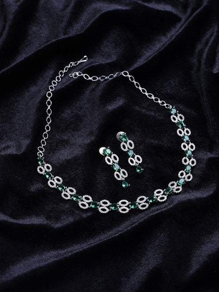 Rhodium Plated American Diamond Studded Necklace and Earrings Set - Opal Touch