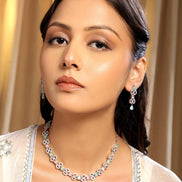 Rhodium Plated American Diamond Studded Necklace and Earrings Set - Opal Touch
