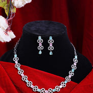 Rhodium Plated American Diamond Studded Necklace and Earrings Set - Opal Touch