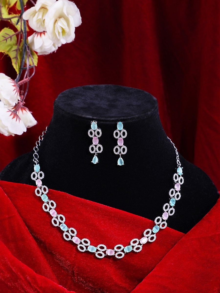 Rhodium Plated American Diamond Studded Necklace and Earrings Set - Opal Touch