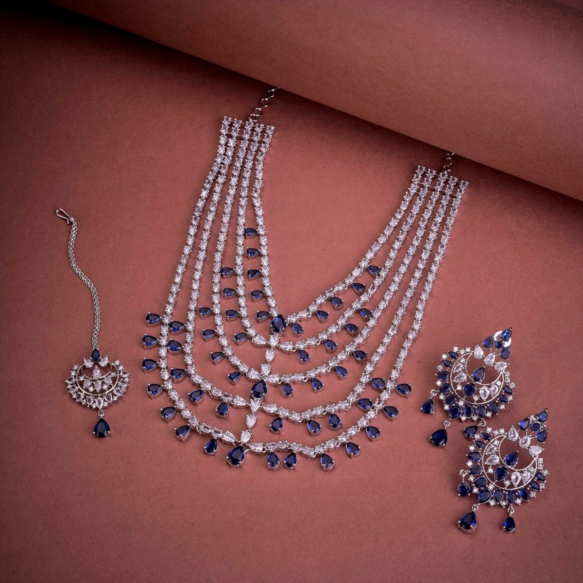 Rhodium Plated Bridal Celestial Cascade Necklace with Maang Tikka - Opal Touch