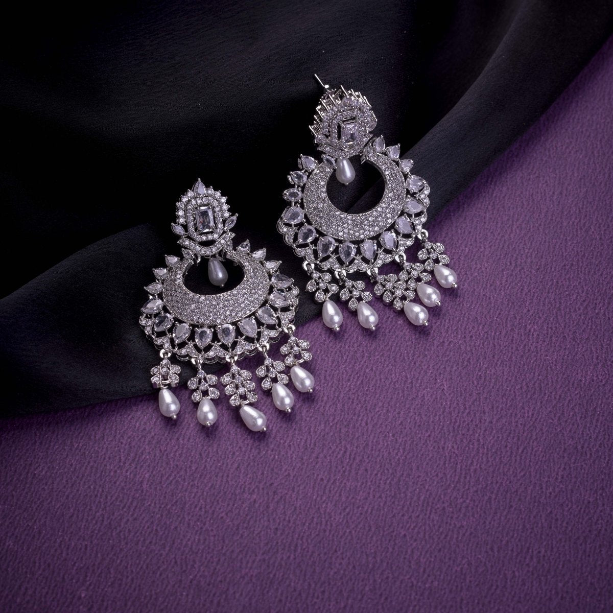 Rhodium Plated Chandelier Earrings with Stone Work - Opal Touch