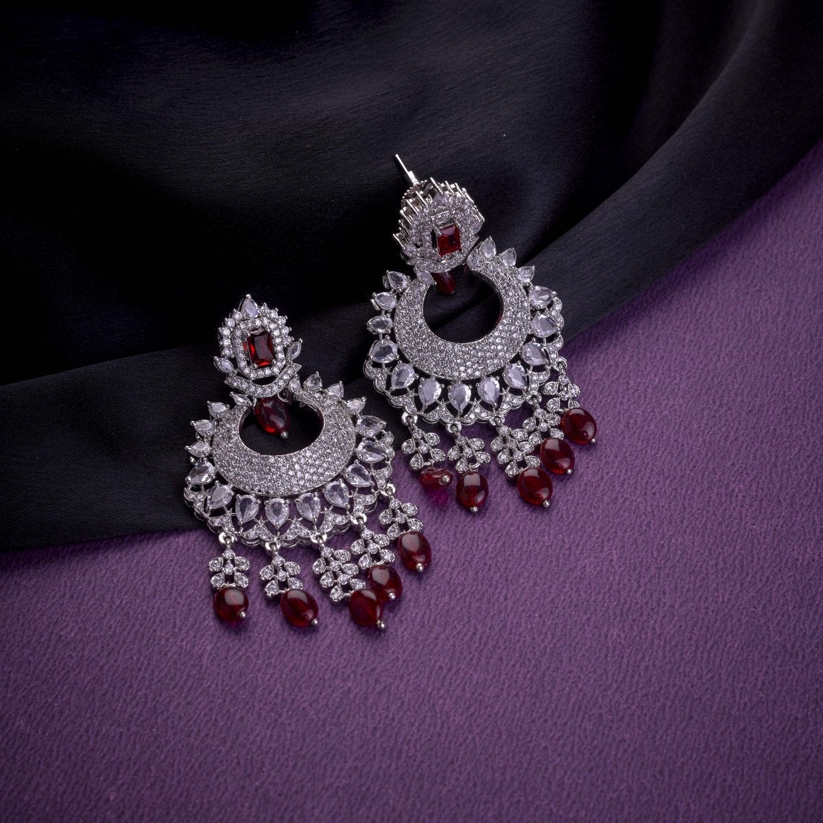 Rhodium Plated Chandelier Earrings with Stone Work - Opal Touch