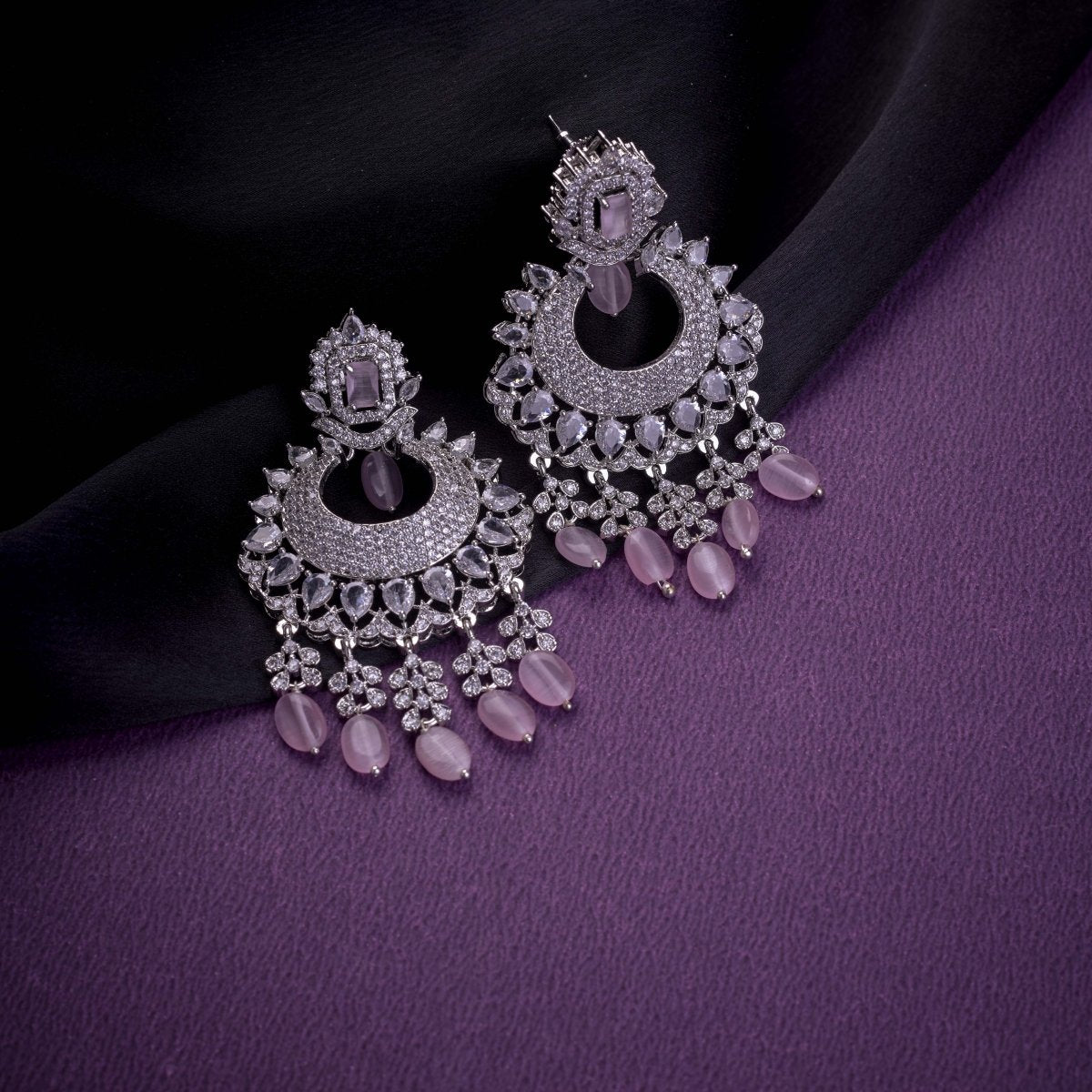 Rhodium Plated Chandelier Earrings with Stone Work - Opal Touch