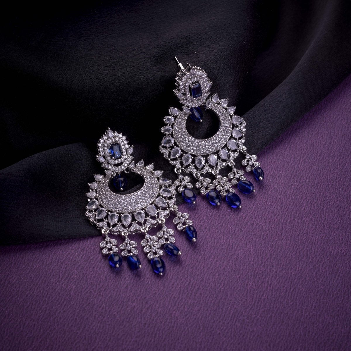 Rhodium Plated Chandelier Earrings with Stone Work - Opal Touch