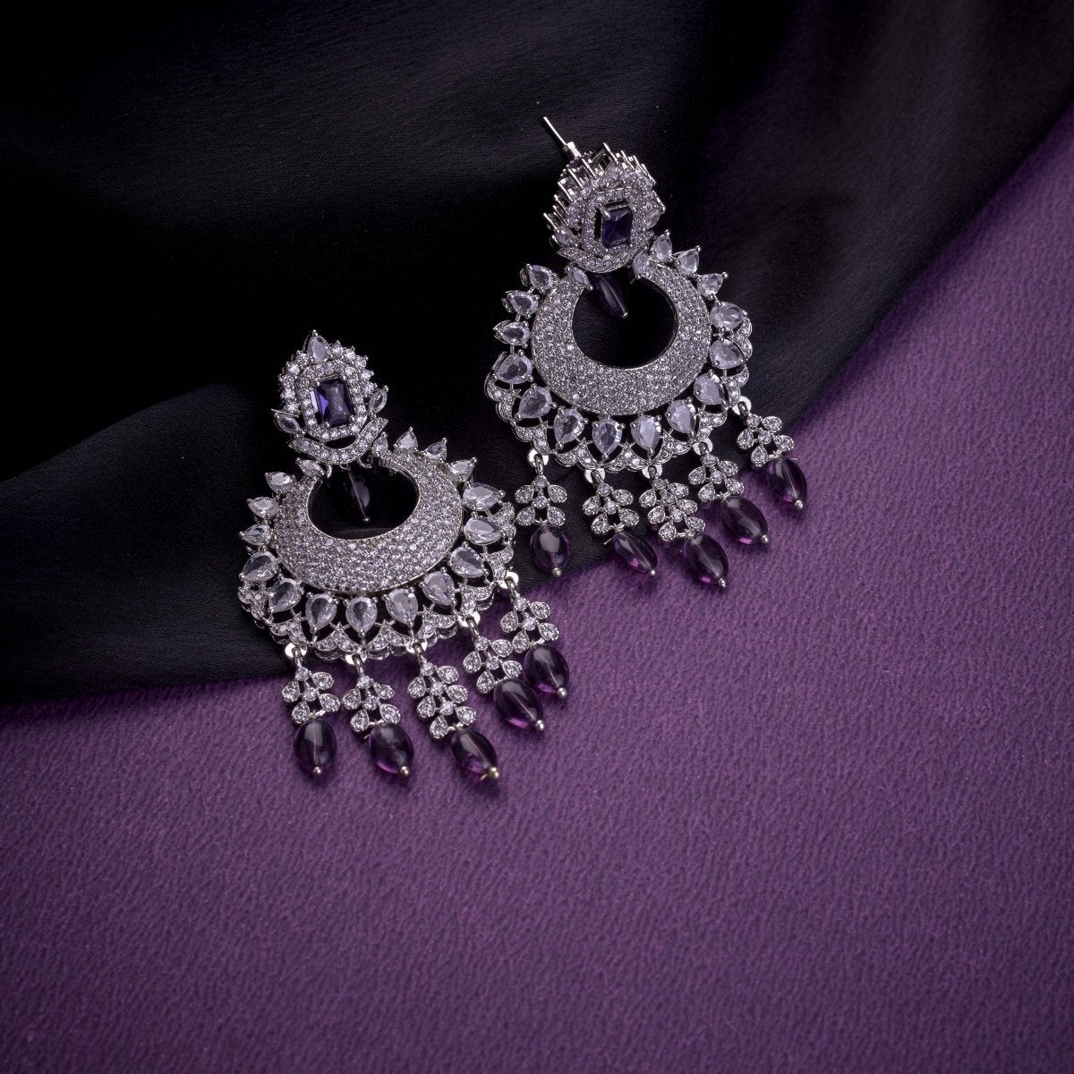 Rhodium Plated Chandelier Earrings with Stone Work - Opal Touch