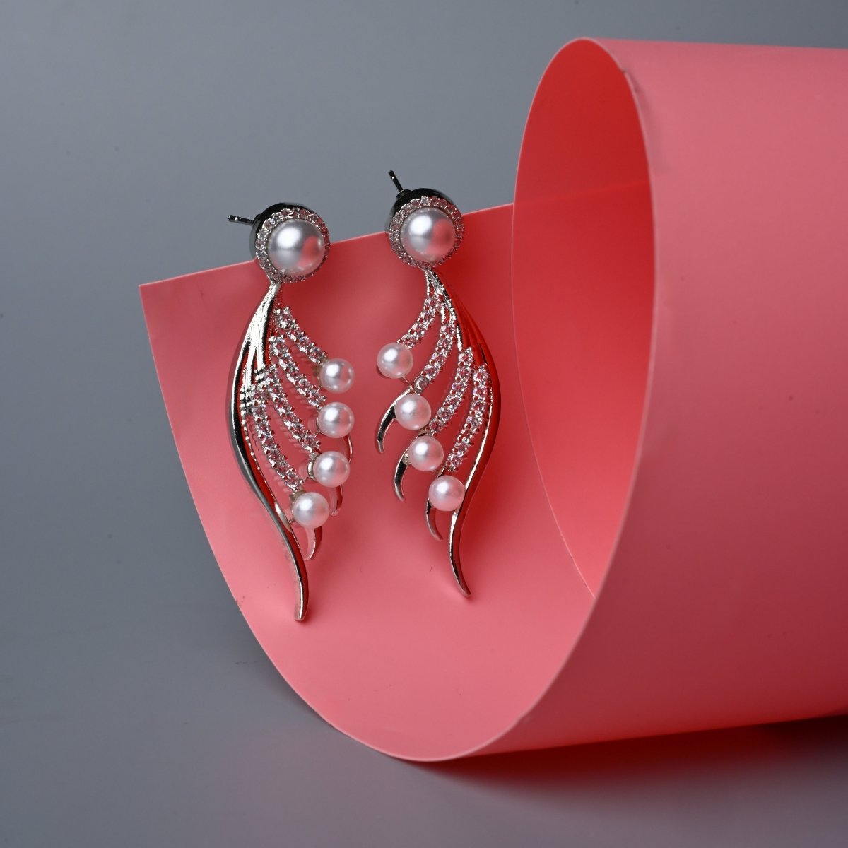 Rhodium - Plated Cubic Zirconia & Pearl Feather Earrings - Opal Touch