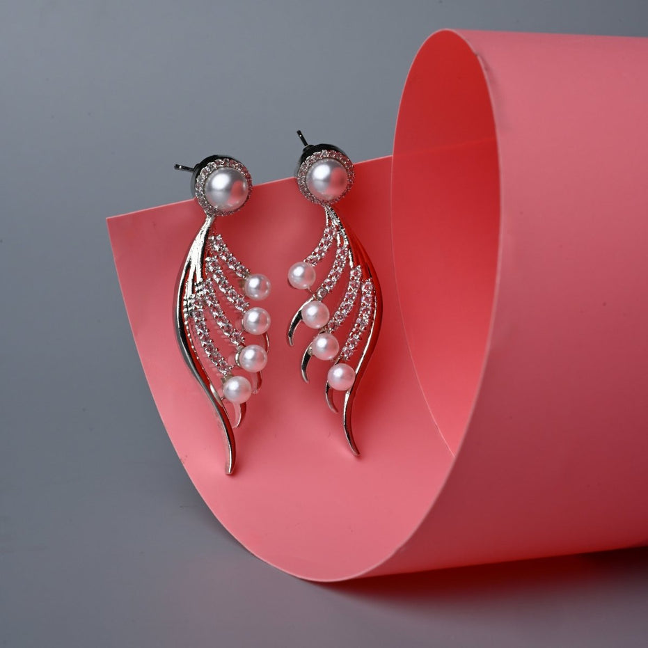 Rhodium - Plated Cubic Zirconia & Pearl Feather Earrings - Opal Touch