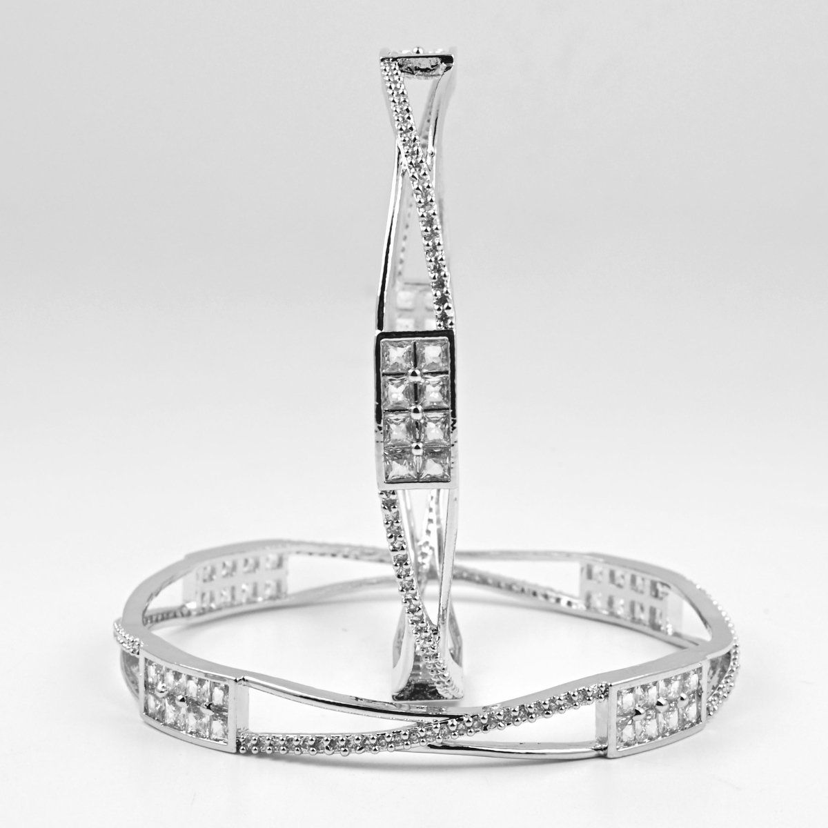 Rhodium Plated CZ Diamond Geometric Square Pattern Bangles (Pack of 2) - Opal Touch