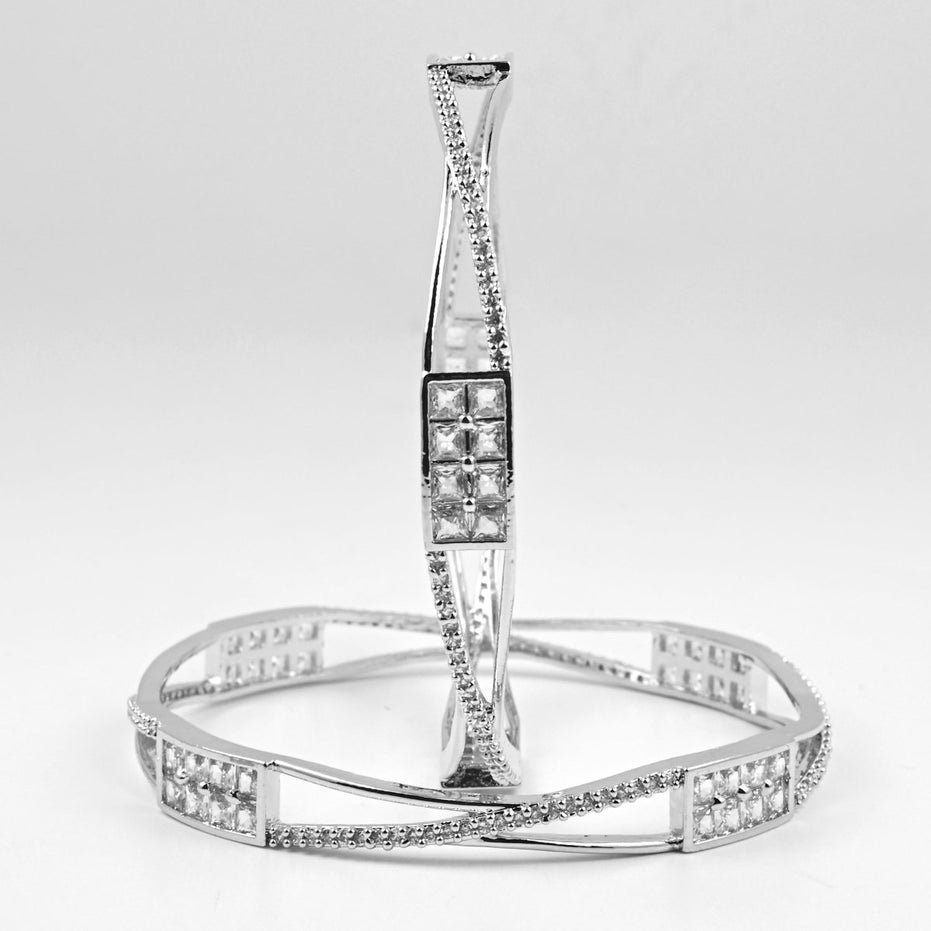 Rhodium Plated CZ Diamond Geometric Square Pattern Bangles (Pack of 2) - Opal Touch