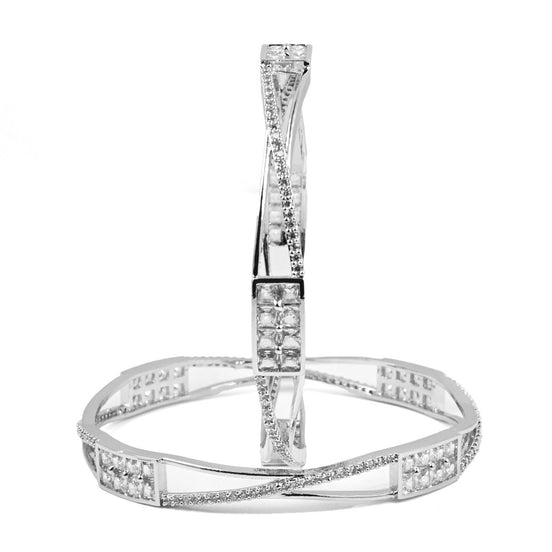 Rhodium Plated CZ Diamond Geometric Square Pattern Bangles (Pack of 2) - Opal Touch