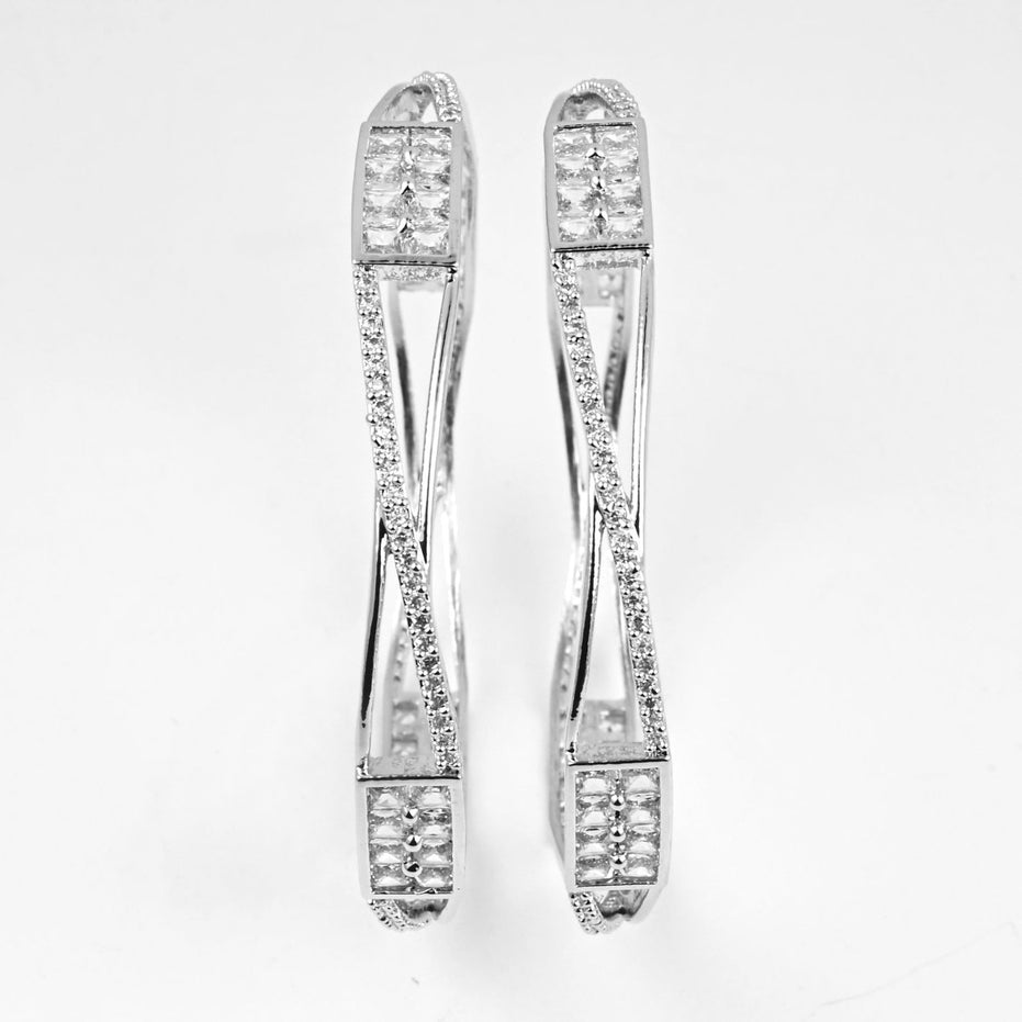 Rhodium Plated CZ Diamond Geometric Square Pattern Bangles (Pack of 2) - Opal Touch