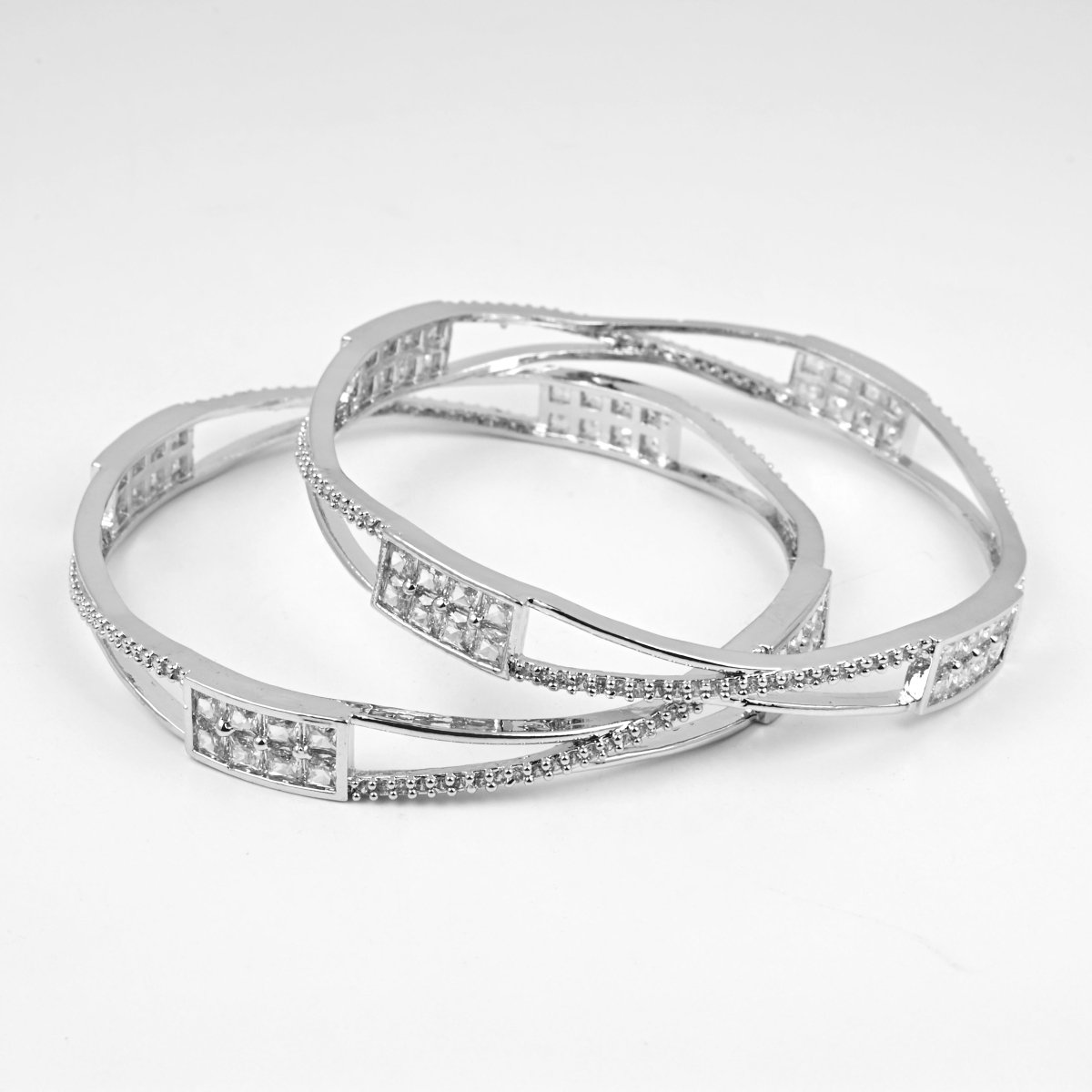 Rhodium Plated CZ Diamond Geometric Square Pattern Bangles (Pack of 2) - Opal Touch