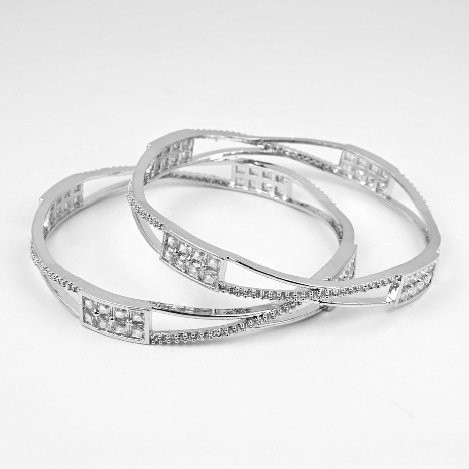 Rhodium Plated CZ Diamond Geometric Square Pattern Bangles (Pack of 2) - Opal Touch