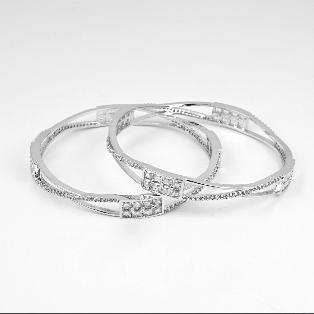 Rhodium Plated CZ Diamond Geometric Square Pattern Bangles (Pack of 2) - Opal Touch