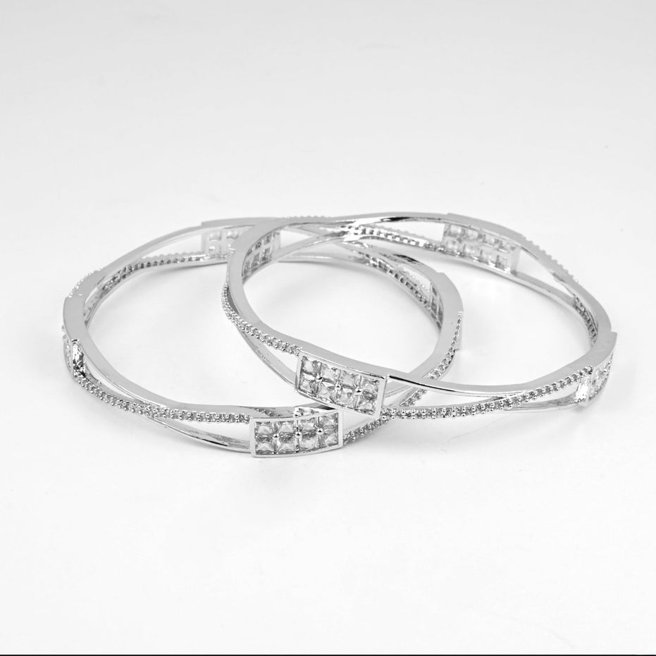Rhodium Plated CZ Diamond Geometric Square Pattern Bangles (Pack of 2) - Opal Touch
