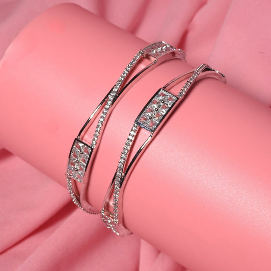 Rhodium Plated CZ Diamond Geometric Square Pattern Bangles (Pack of 2) - Opal Touch