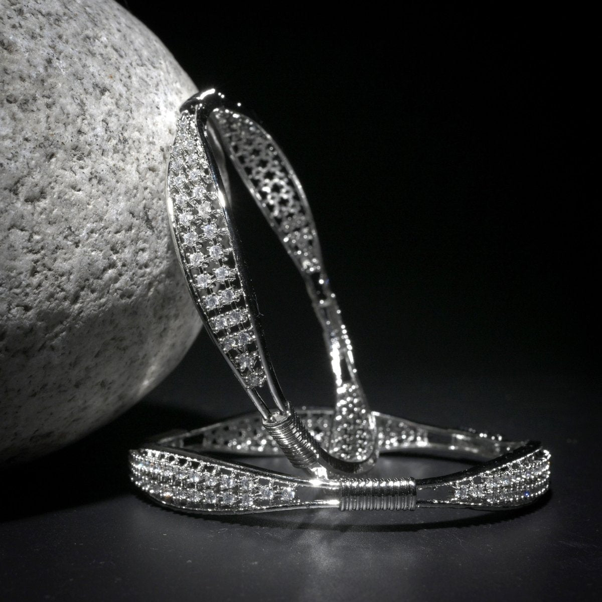 Rhodium Plated CZ Diamond Studded Bangles (Pack of 2) - Opal Touch