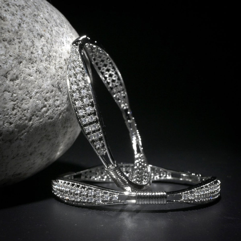 Rhodium Plated CZ Diamond Studded Bangles (Pack of 2) - Opal Touch