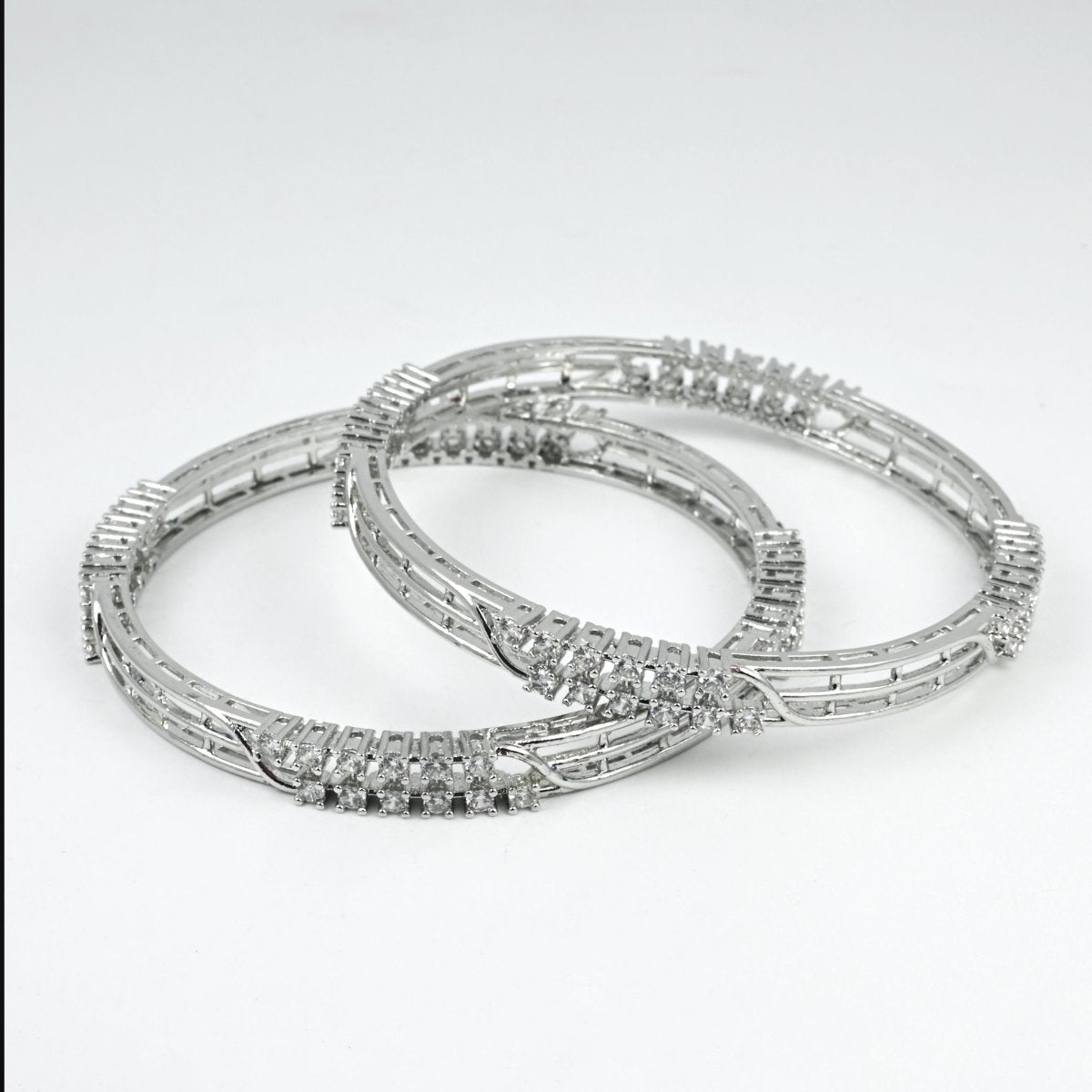 Rhodium Plated CZ Diamond Twisted Wire Design Bangles (Pack of 2) - Opal Touch