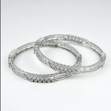 Rhodium Plated CZ Diamond Twisted Wire Design Bangles (Pack of 2) - Opal Touch