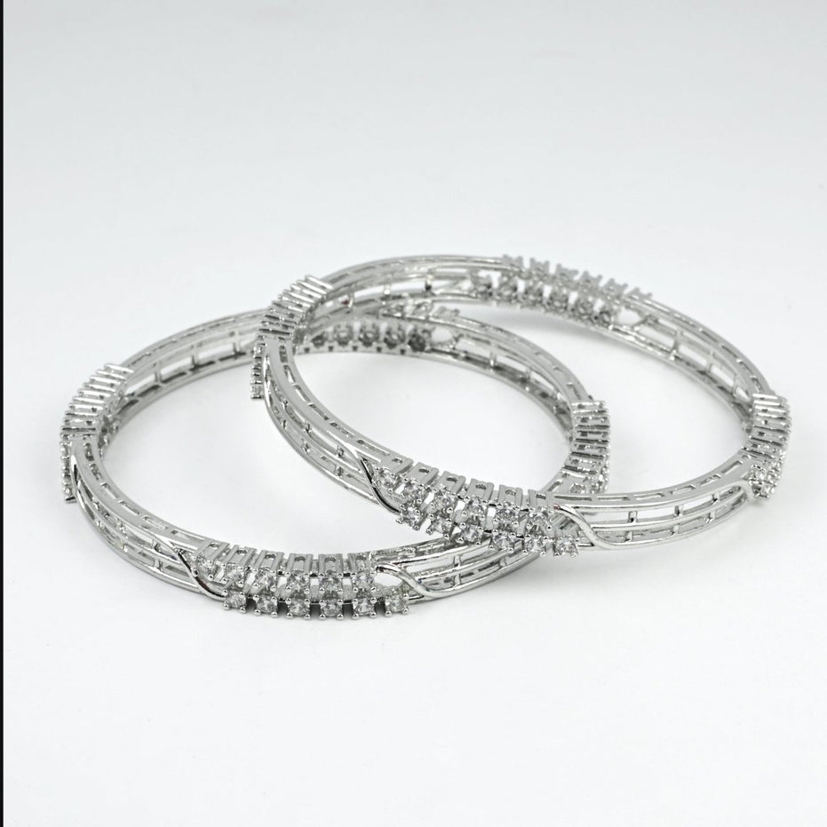 Rhodium Plated CZ Diamond Twisted Wire Design Bangles (Pack of 2) - Opal Touch