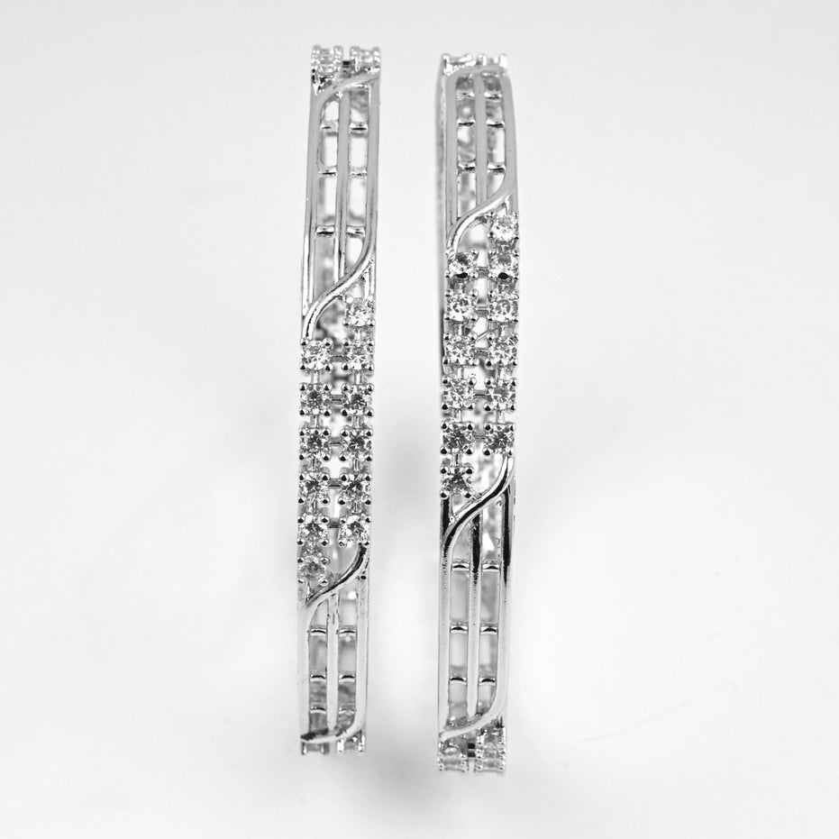 Rhodium Plated CZ Diamond Twisted Wire Design Bangles (Pack of 2) - Opal Touch