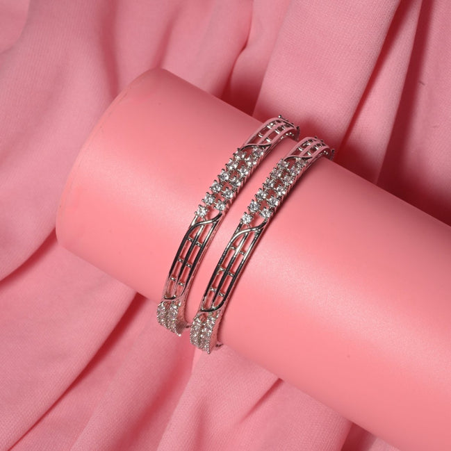 Rhodium Plated CZ Diamond Twisted Wire Design Bangles (Pack of 2) - Opal Touch