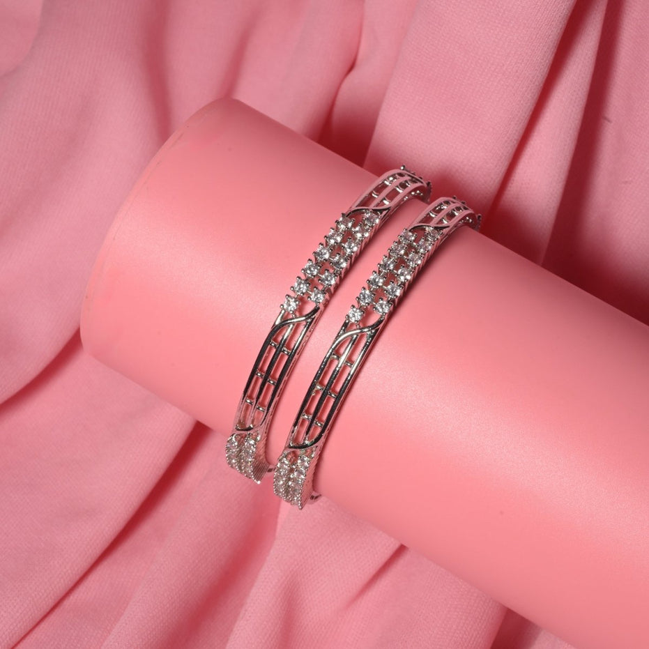 Rhodium Plated CZ Diamond Twisted Wire Design Bangles (Pack of 2) - Opal Touch