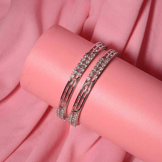 Rhodium Plated CZ Diamond Twisted Wire Design Bangles (Pack of 2) - Opal Touch