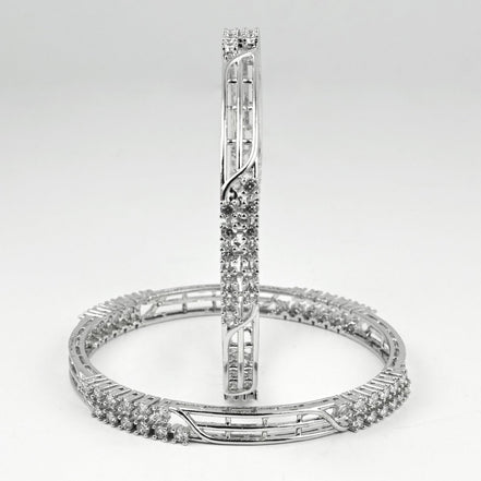 Rhodium Plated CZ Diamond Twisted Wire Design Bangles (Pack of 2) - Opal Touch