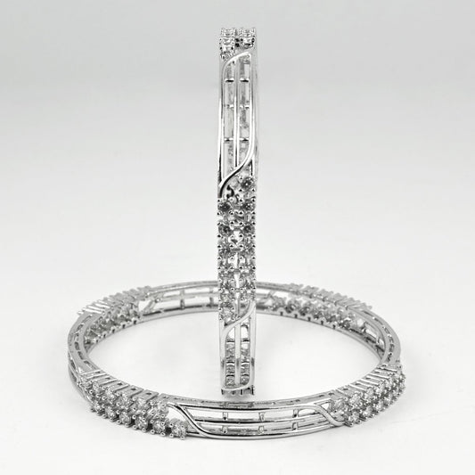Rhodium Plated CZ Diamond Twisted Wire Design Bangles (Pack of 2) - Opal Touch