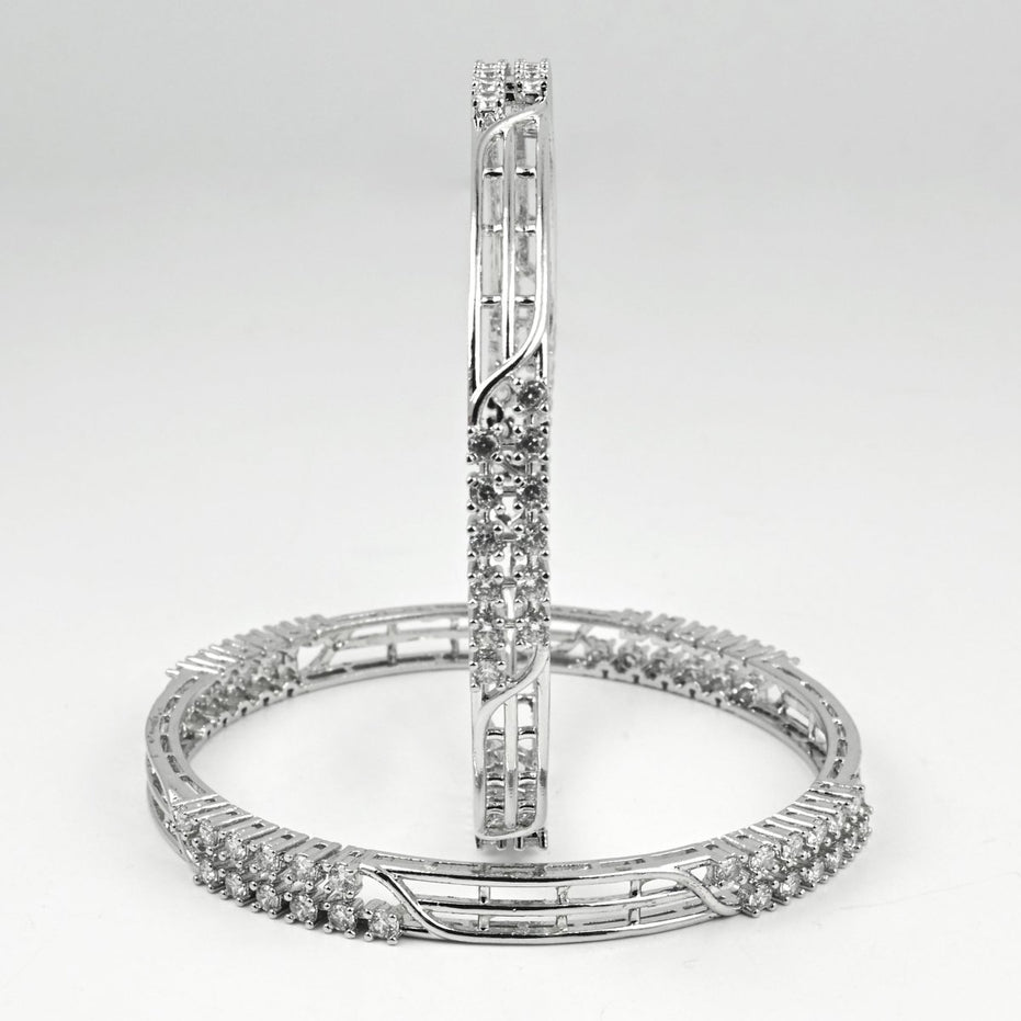Rhodium Plated CZ Diamond Twisted Wire Design Bangles (Pack of 2) - Opal Touch