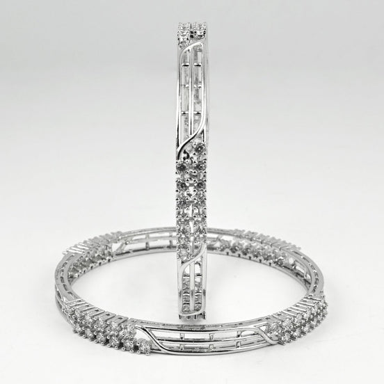 Rhodium Plated CZ Diamond Twisted Wire Design Bangles (Pack of 2) - Opal Touch