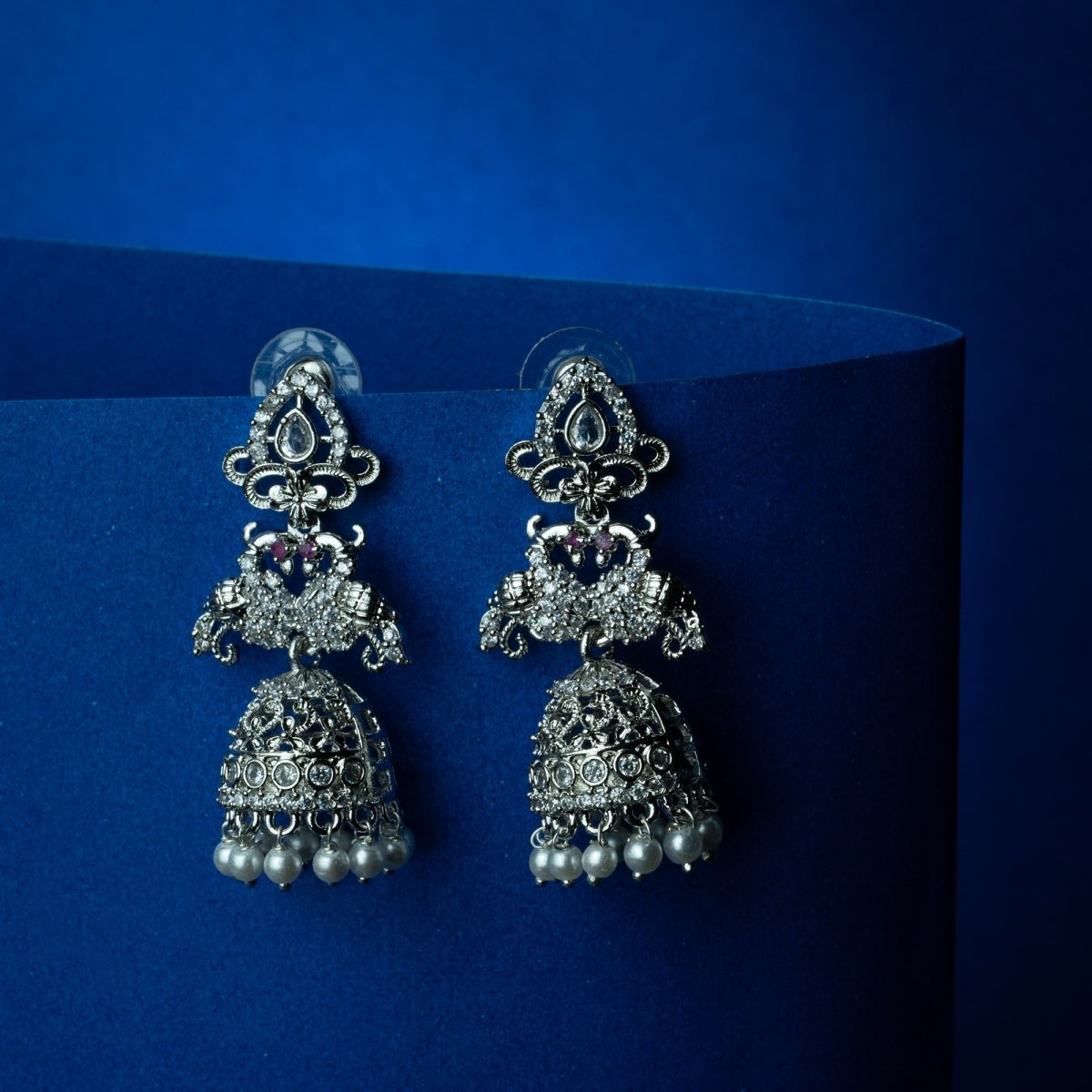Rhodium Plated CZ Stone Pearl Drop Jhumka Earrings - Opal Touch