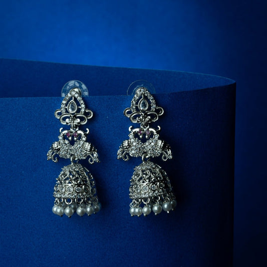 Rhodium Plated CZ Stone Pearl Drop Jhumka Earrings - Opal Touch