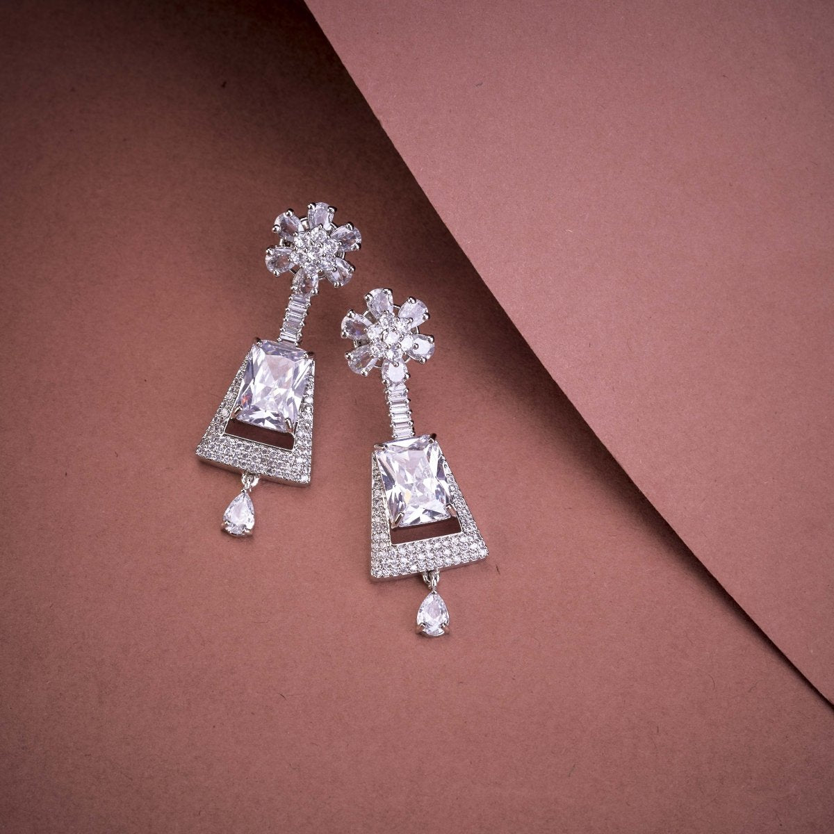 Rhodium Plated Dangle Earrings with Crystal Work - Opal Touch