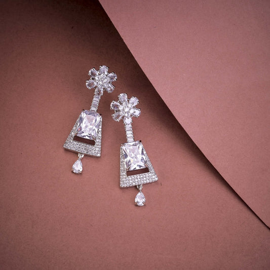 Rhodium Plated Dangle Earrings with Crystal Work - Opal Touch