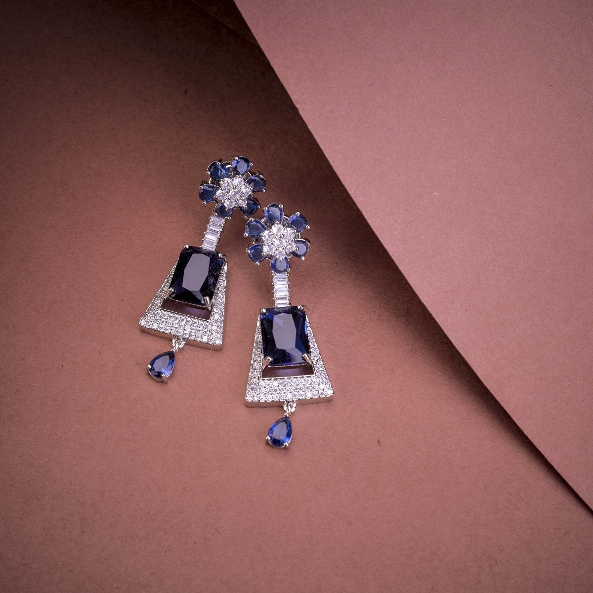 Rhodium Plated Dangle Earrings with Crystal Work - Opal Touch