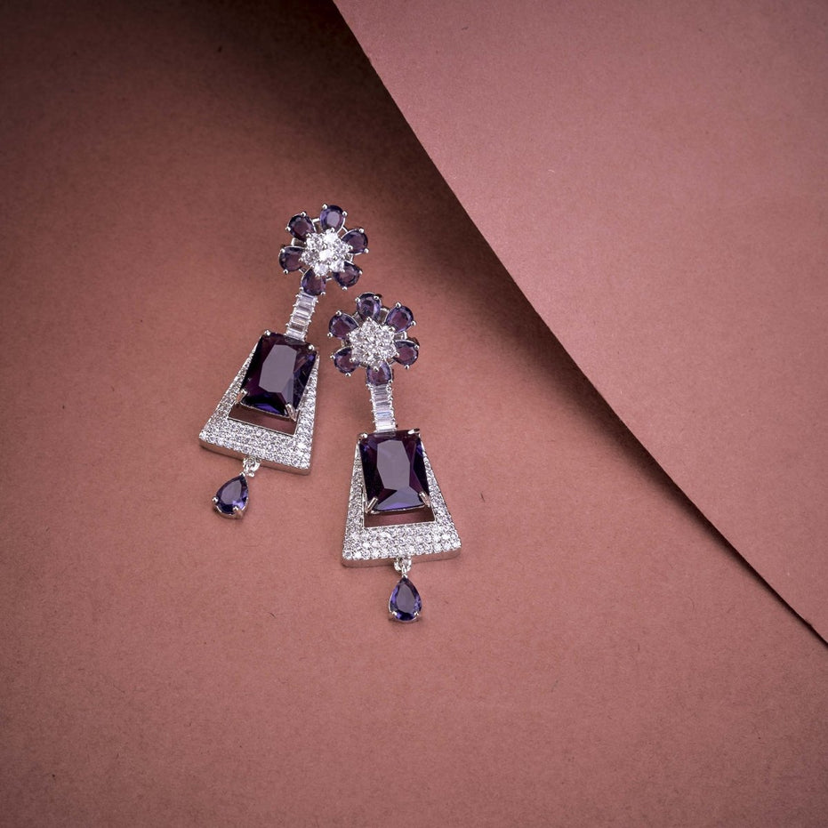 Rhodium Plated Dangle Earrings with Crystal Work - Opal Touch
