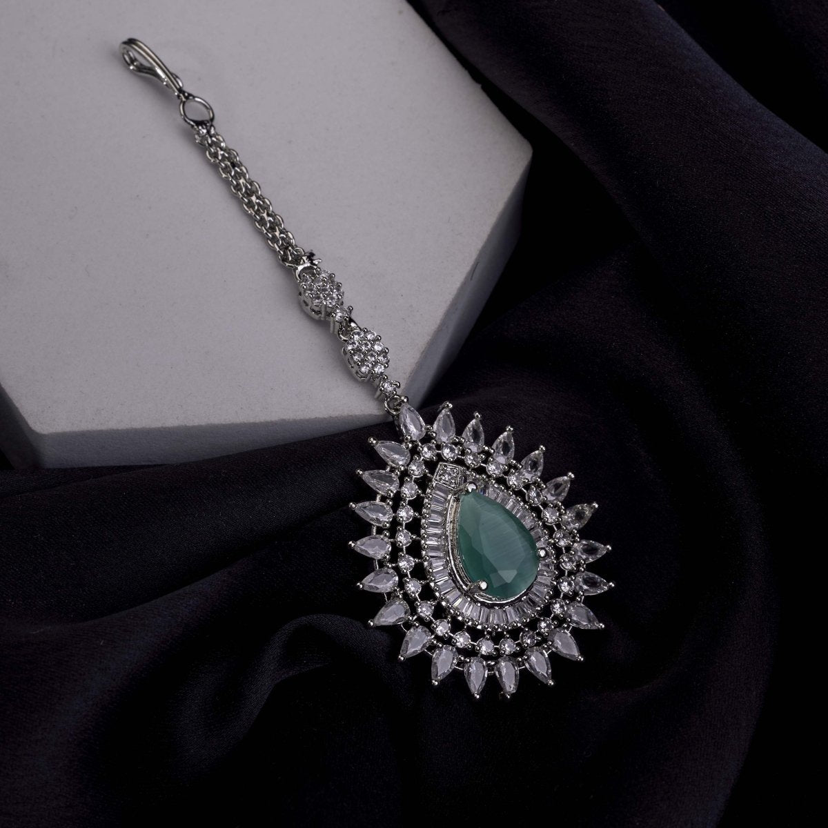 Rhodium Plated Divine Droplet Traditional Maang Tikka - Opal Touch