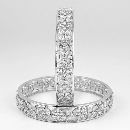 Rhodium Plated Floral CZ Diamond Bangles (Pack of 2) - Opal Touch