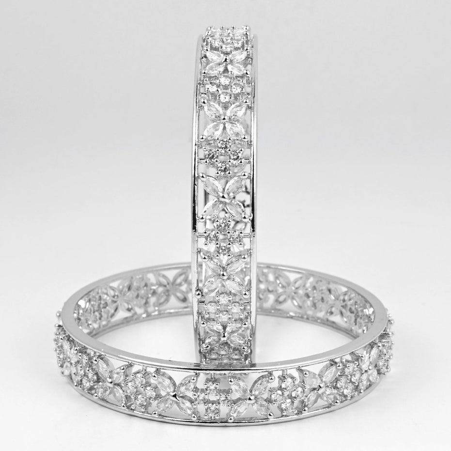 Rhodium Plated Floral CZ Diamond Bangles (Pack of 2) - Opal Touch