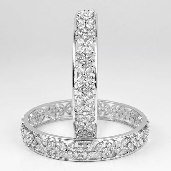 Rhodium Plated Floral CZ Diamond Bangles (Pack of 2) - Opal Touch
