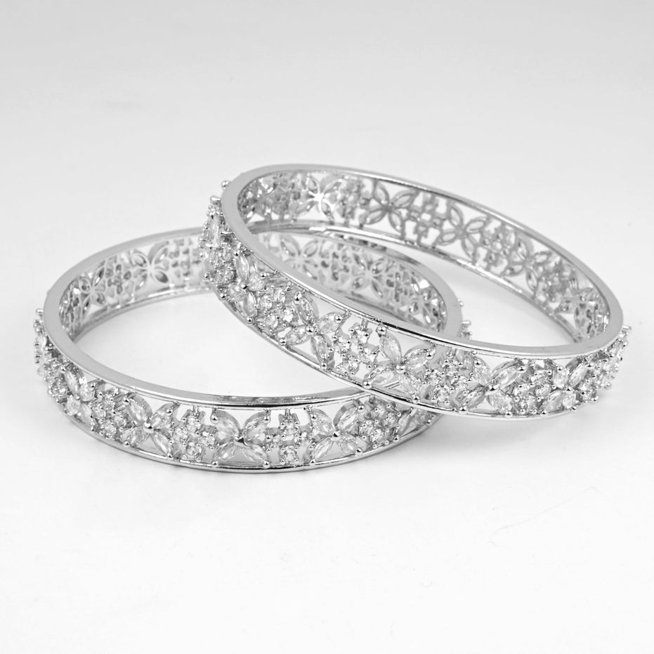 Rhodium Plated Floral CZ Diamond Bangles (Pack of 2) - Opal Touch