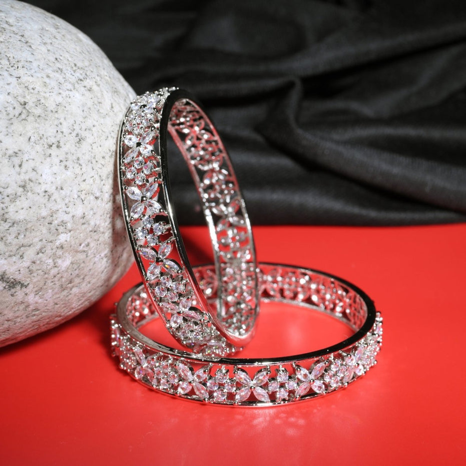 Rhodium Plated Floral CZ Diamond Bangles (Pack of 2) - Opal Touch