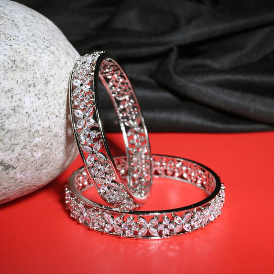 Rhodium Plated Floral CZ Diamond Bangles (Pack of 2) - Opal Touch