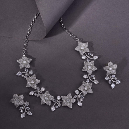 Rhodium Plated Floral Necklace Set - Opal Touch